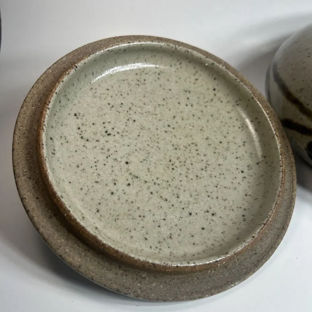 Vintage Studio Art Pottery Stoneware w Lid Blue Purple Speckled Brown Signed 9”